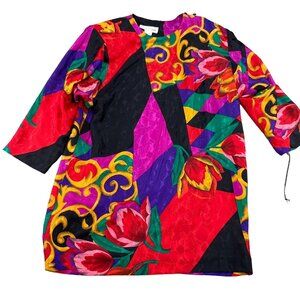 LA Chemise Blouse‎ Women 12 Black Red Yellow Floral Scroll Tunic 80s NWT USA VTG